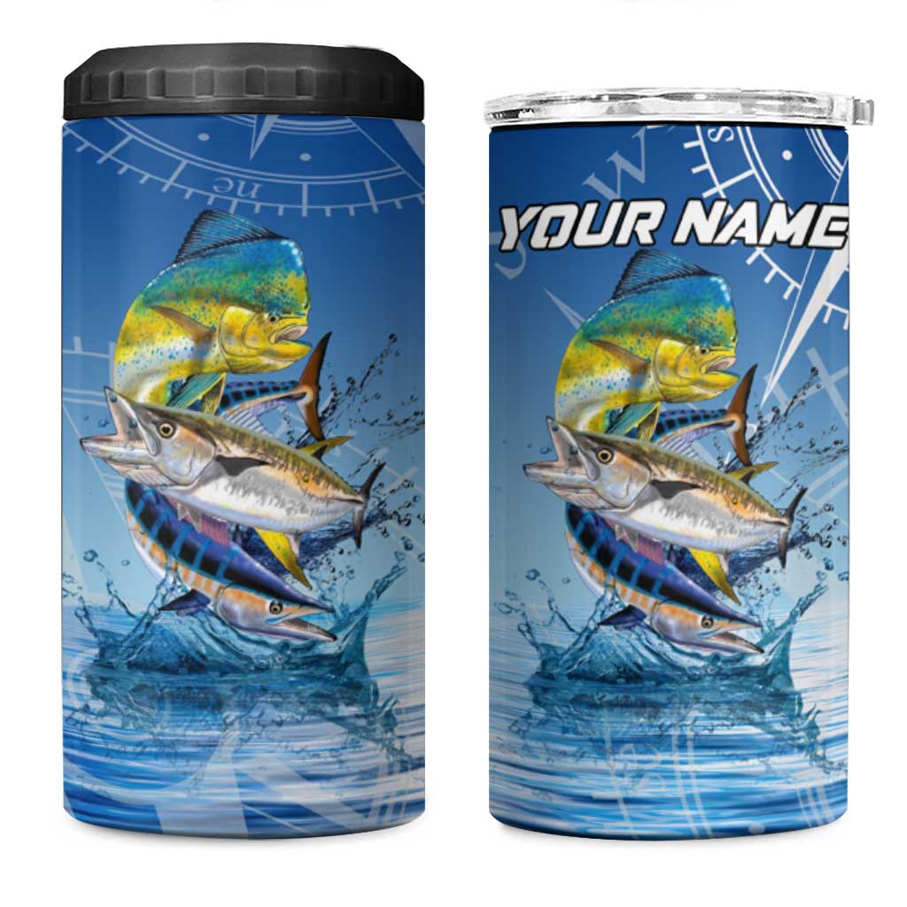 Mahi Mahi and Tuna Fish 4 in 1 Can Cooler Tumbler Fishing Ocean Water Background and Nautical Compass Elements - Wonder Print Shop