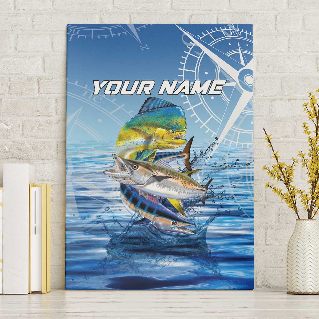 Mahi Mahi and Tuna Fish Canvas Wall Art Fishing Ocean Water Background and Nautical Compass Elements - Wonder Print Shop