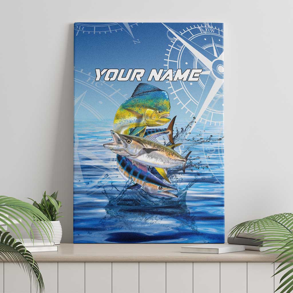 Mahi Mahi and Tuna Fish Canvas Wall Art Fishing Ocean Water Background and Nautical Compass Elements - Wonder Print Shop