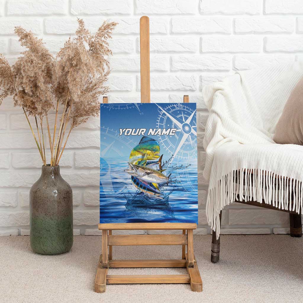 Mahi Mahi and Tuna Fish Canvas Wall Art Fishing Ocean Water Background and Nautical Compass Elements - Wonder Print Shop