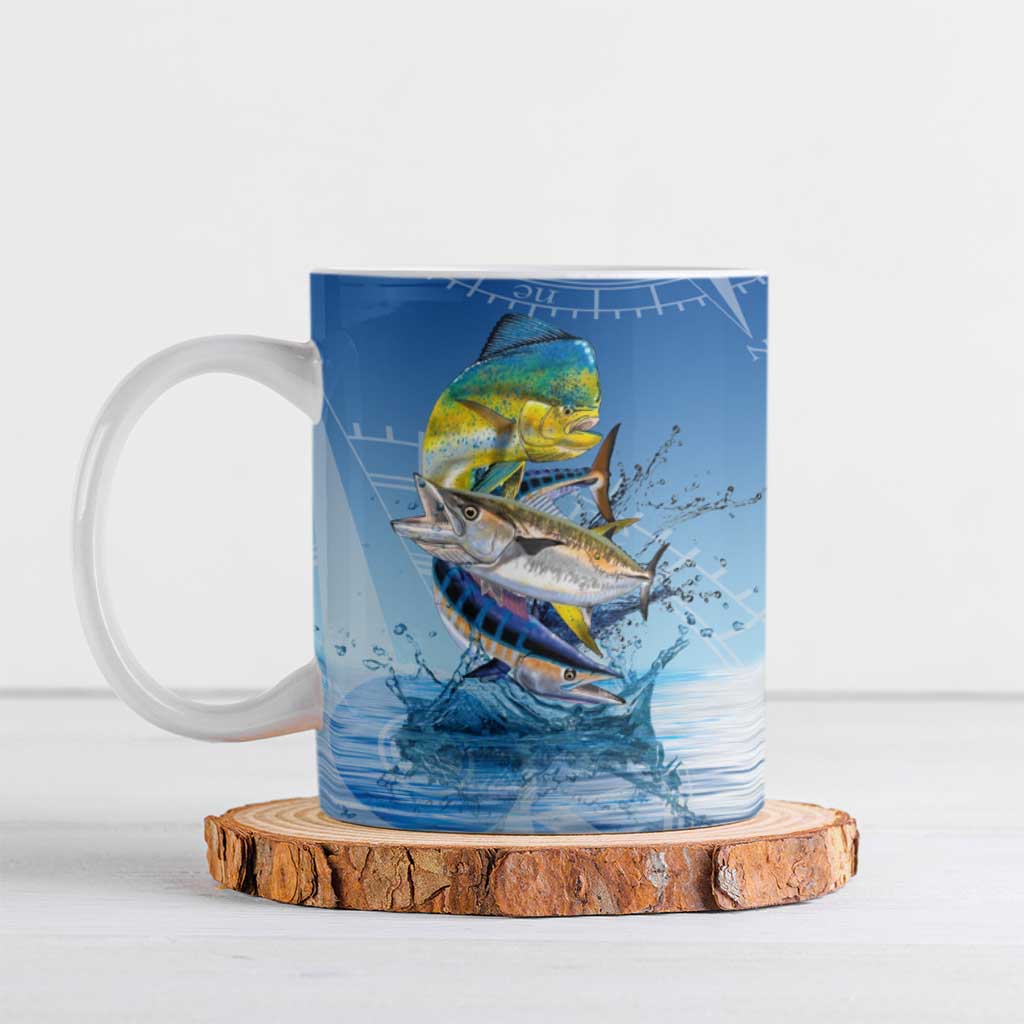 Mahi Mahi and Tuna Fish Ceramic Mug Fishing Ocean Water Background and Nautical Compass Elements - Wonder Print Shop