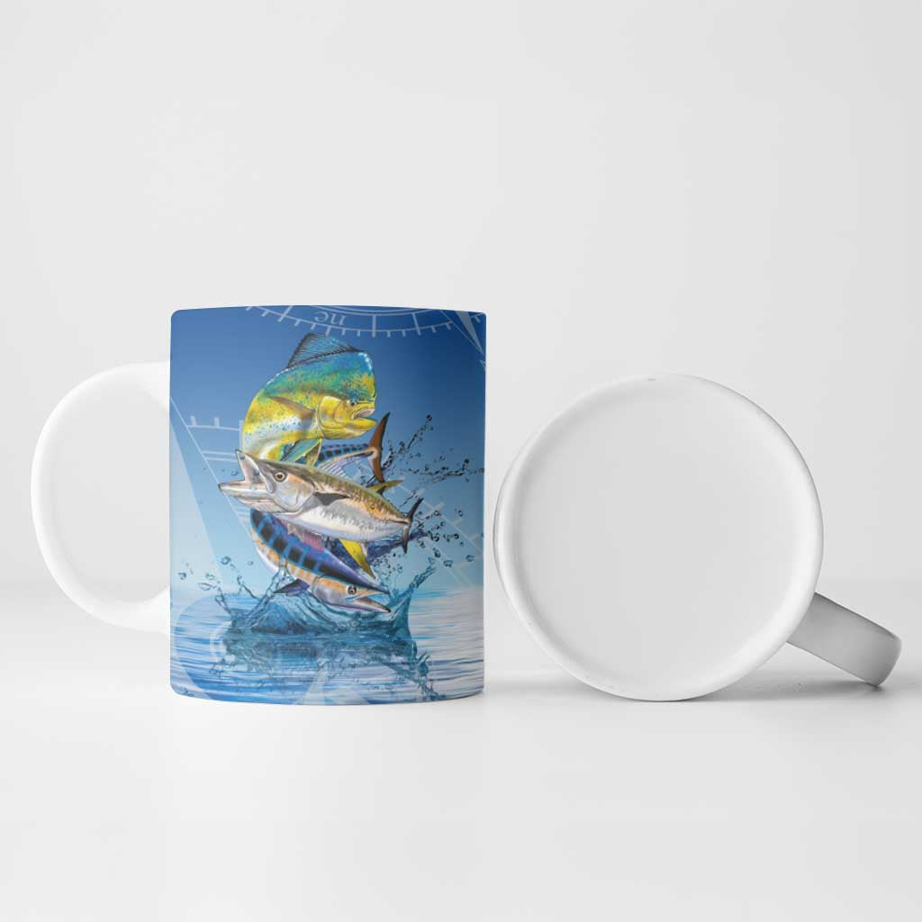 Mahi Mahi and Tuna Fish Ceramic Mug Fishing Ocean Water Background and Nautical Compass Elements - Wonder Print Shop