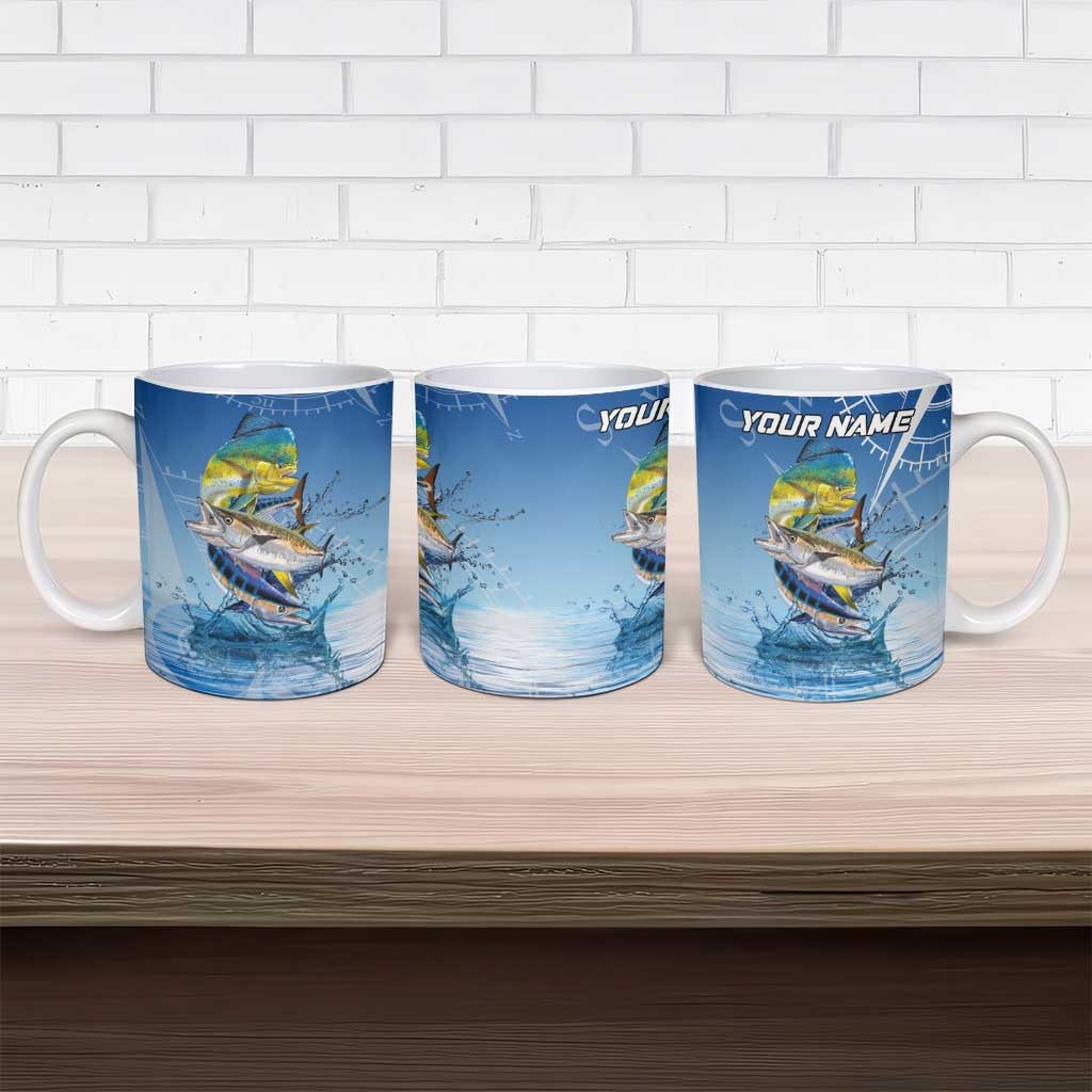 Mahi Mahi and Tuna Fish Ceramic Mug Fishing Ocean Water Background and Nautical Compass Elements - Wonder Print Shop