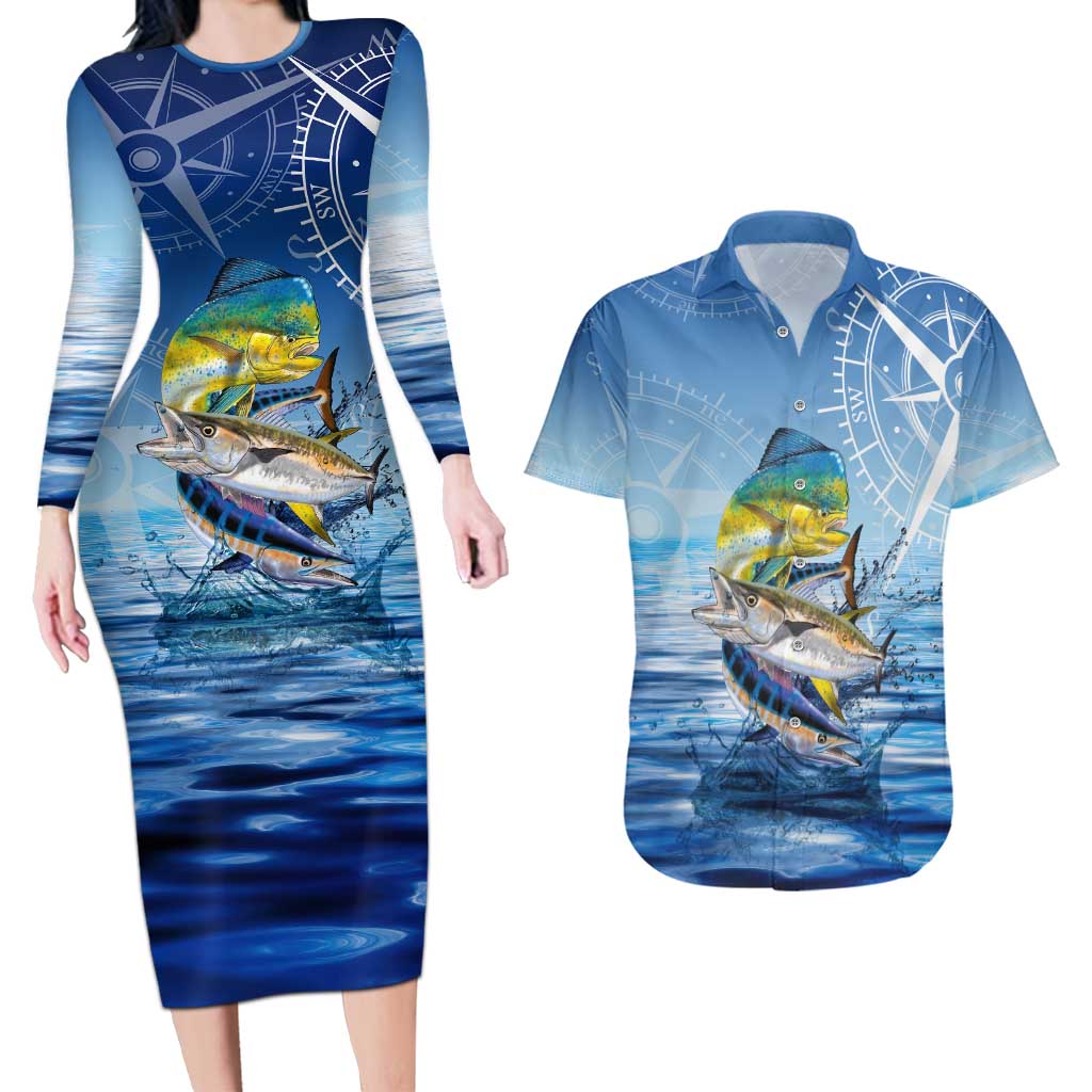 Mahi Mahi and Tuna Fish Couples Matching Long Sleeve Bodycon Dress and Hawaiian Shirt Fishing Ocean Water Background and Nautical Compass Elements - Wonder Print Shop