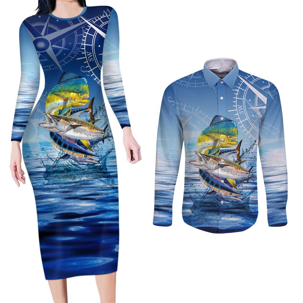 Mahi Mahi and Tuna Fish Couples Matching Long Sleeve Bodycon Dress and Long Sleeve Button Shirt Fishing Ocean Water Background and Nautical Compass Elements - Wonder Print Shop
