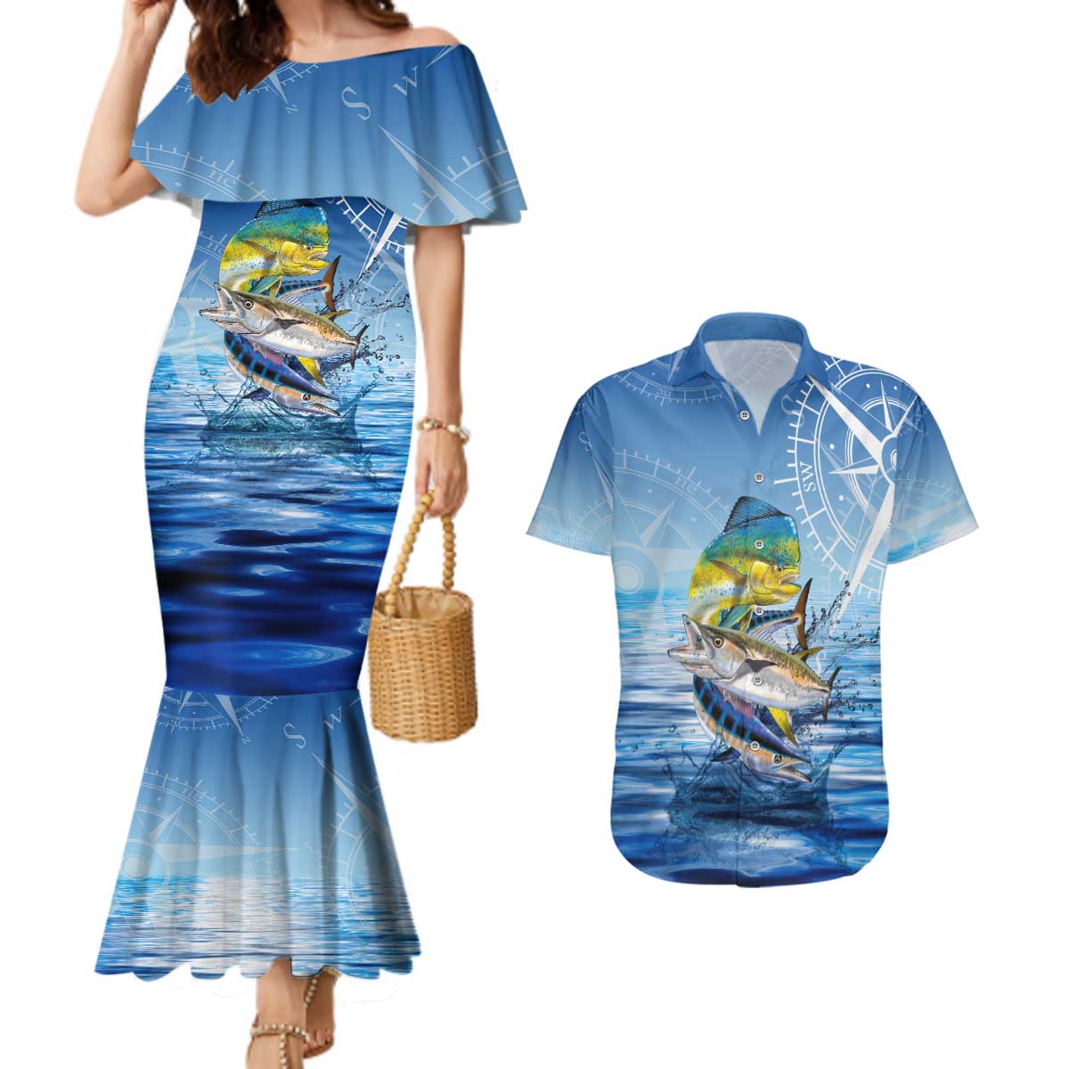 Mahi Mahi and Tuna Fish Couples Matching Mermaid Dress and Hawaiian Shirt Fishing Ocean Water Background and Nautical Compass Elements - Wonder Print Shop