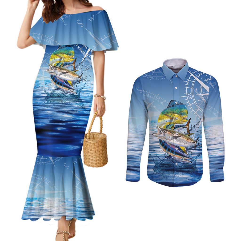 Mahi Mahi and Tuna Fish Couples Matching Mermaid Dress and Long Sleeve Button Shirt Fishing Ocean Water Background and Nautical Compass Elements - Wonder Print Shop