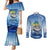 Mahi Mahi and Tuna Fish Couples Matching Mermaid Dress and Long Sleeve Button Shirt Fishing Ocean Water Background and Nautical Compass Elements - Wonder Print Shop