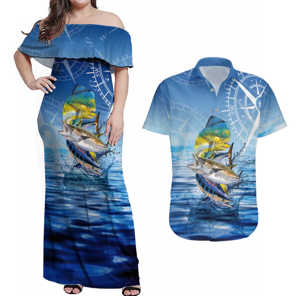 Mahi Mahi and Tuna Fish Couples Matching Off Shoulder Maxi Dress and Hawaiian Shirt Fishing Ocean Water Background and Nautical Compass Elements - Wonder Print Shop