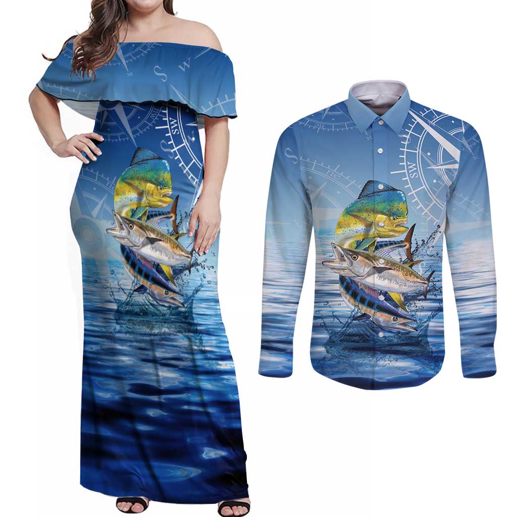 Mahi Mahi and Tuna Fish Couples Matching Off Shoulder Maxi Dress and Long Sleeve Button Shirt Fishing Ocean Water Background and Nautical Compass Elements - Wonder Print Shop
