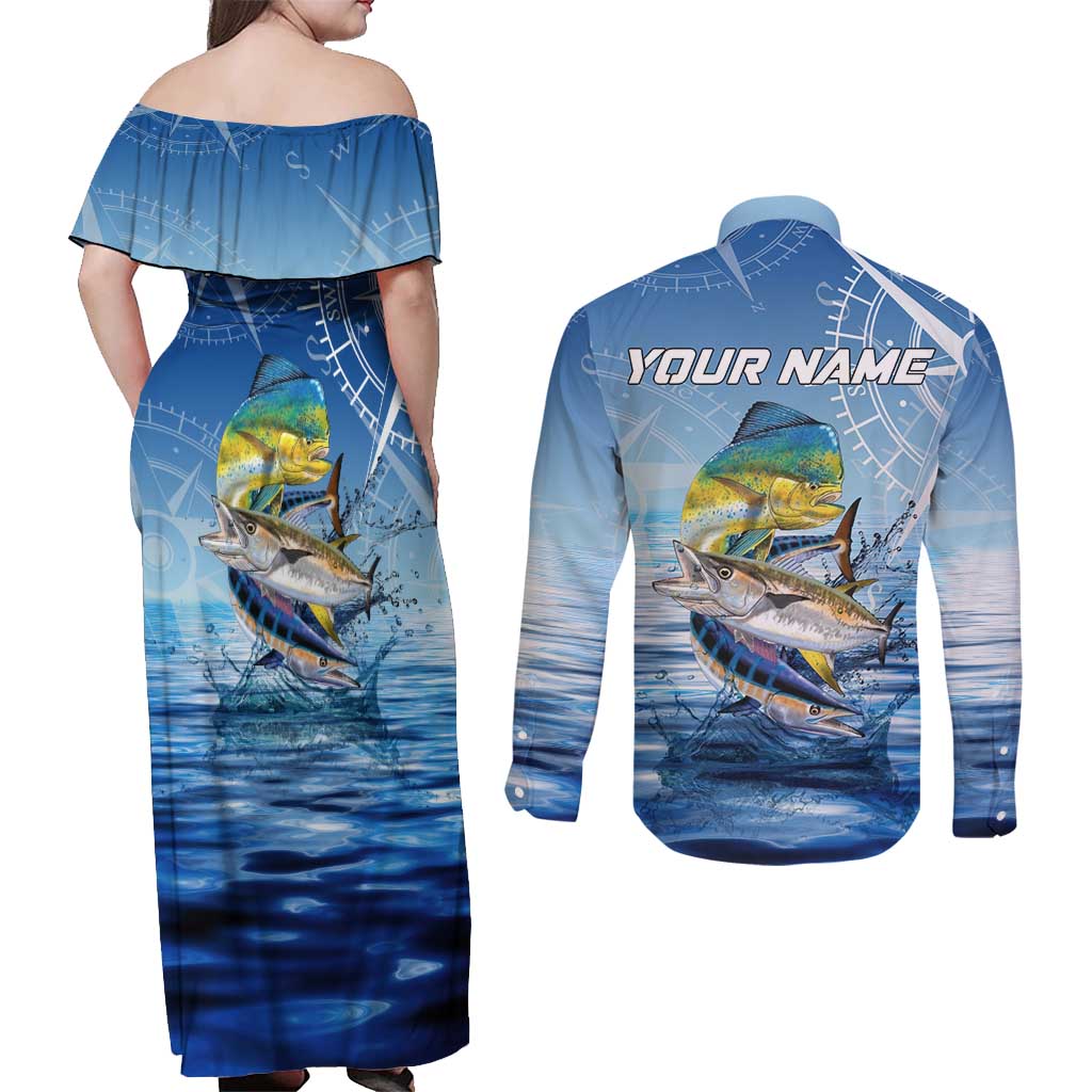 Mahi Mahi and Tuna Fish Couples Matching Off Shoulder Maxi Dress and Long Sleeve Button Shirt Fishing Ocean Water Background and Nautical Compass Elements - Wonder Print Shop