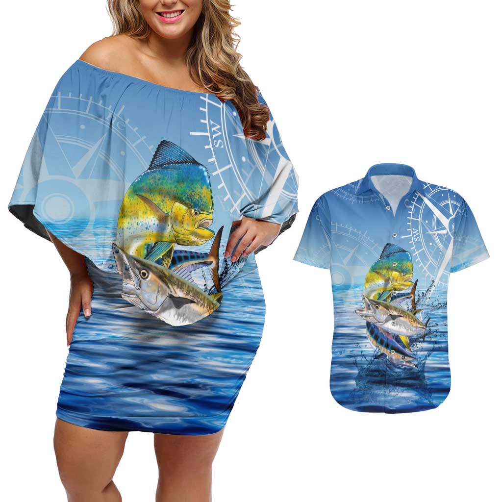 Mahi Mahi and Tuna Fish Couples Matching Off Shoulder Short Dress and Hawaiian Shirt Fishing Ocean Water Background and Nautical Compass Elements - Wonder Print Shop
