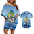 Mahi Mahi and Tuna Fish Couples Matching Off Shoulder Short Dress and Hawaiian Shirt Fishing Ocean Water Background and Nautical Compass Elements - Wonder Print Shop