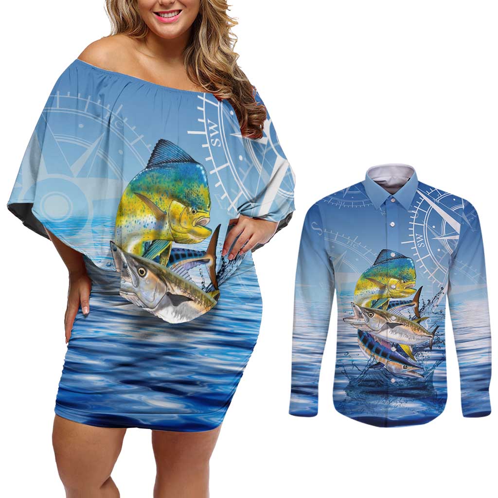 Mahi Mahi and Tuna Fish Couples Matching Off Shoulder Short Dress and Long Sleeve Button Shirt Fishing Ocean Water Background and Nautical Compass Elements - Wonder Print Shop