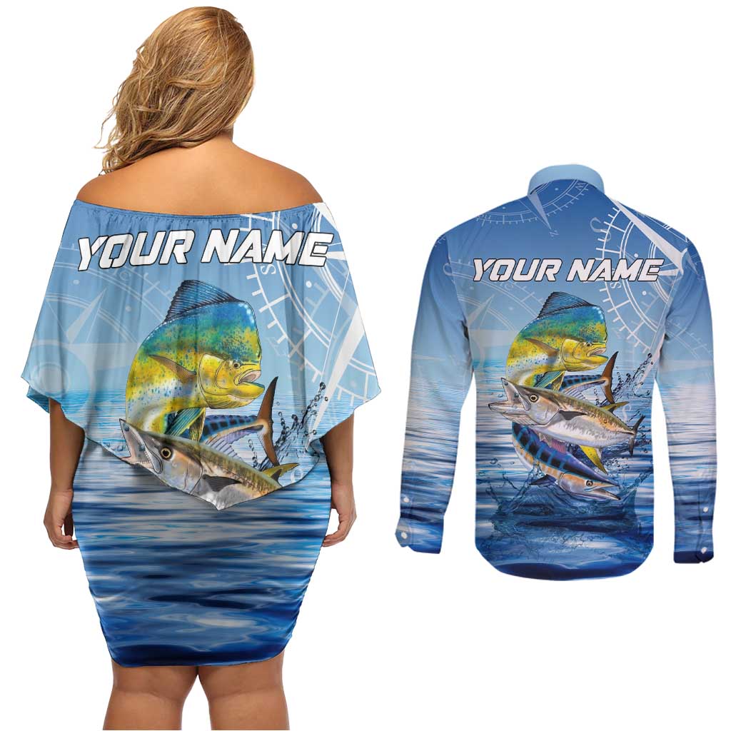 Mahi Mahi and Tuna Fish Couples Matching Off Shoulder Short Dress and Long Sleeve Button Shirt Fishing Ocean Water Background and Nautical Compass Elements - Wonder Print Shop