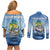 Mahi Mahi and Tuna Fish Couples Matching Off Shoulder Short Dress and Long Sleeve Button Shirt Fishing Ocean Water Background and Nautical Compass Elements - Wonder Print Shop