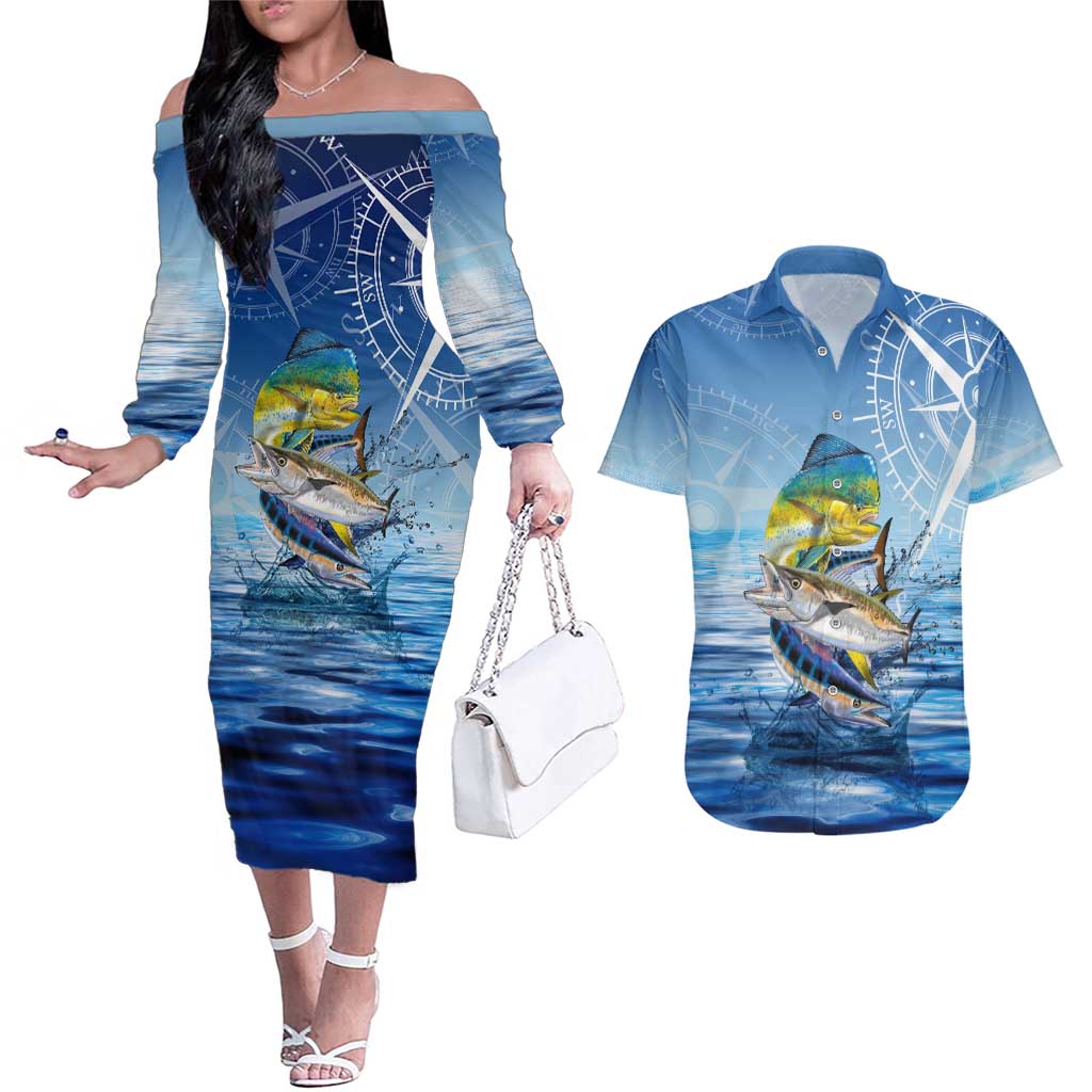 Mahi Mahi and Tuna Fish Couples Matching Off The Shoulder Long Sleeve Dress and Hawaiian Shirt Fishing Ocean Water Background and Nautical Compass Elements - Wonder Print Shop