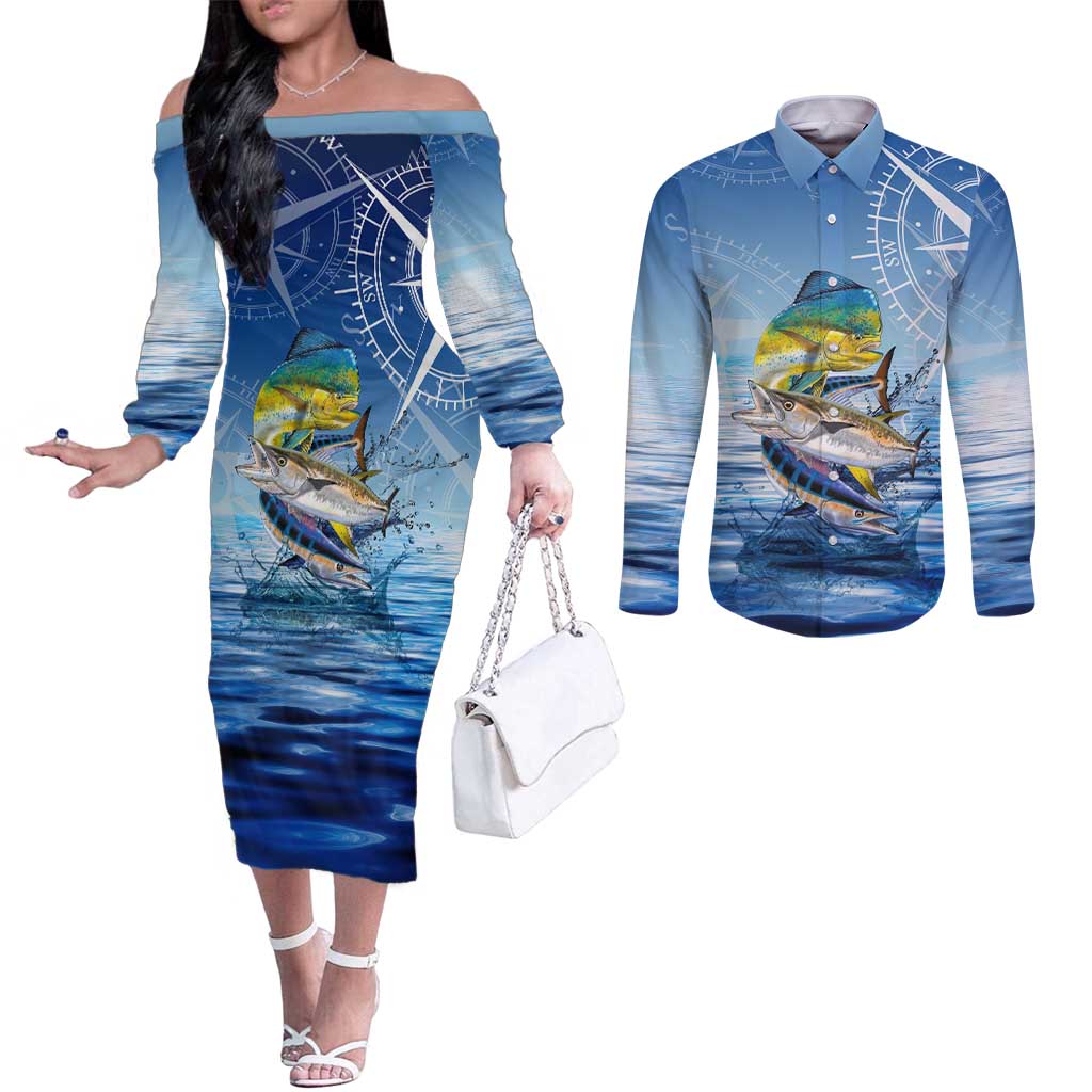 Mahi Mahi and Tuna Fish Couples Matching Off The Shoulder Long Sleeve Dress and Long Sleeve Button Shirt Fishing Ocean Water Background and Nautical Compass Elements - Wonder Print Shop