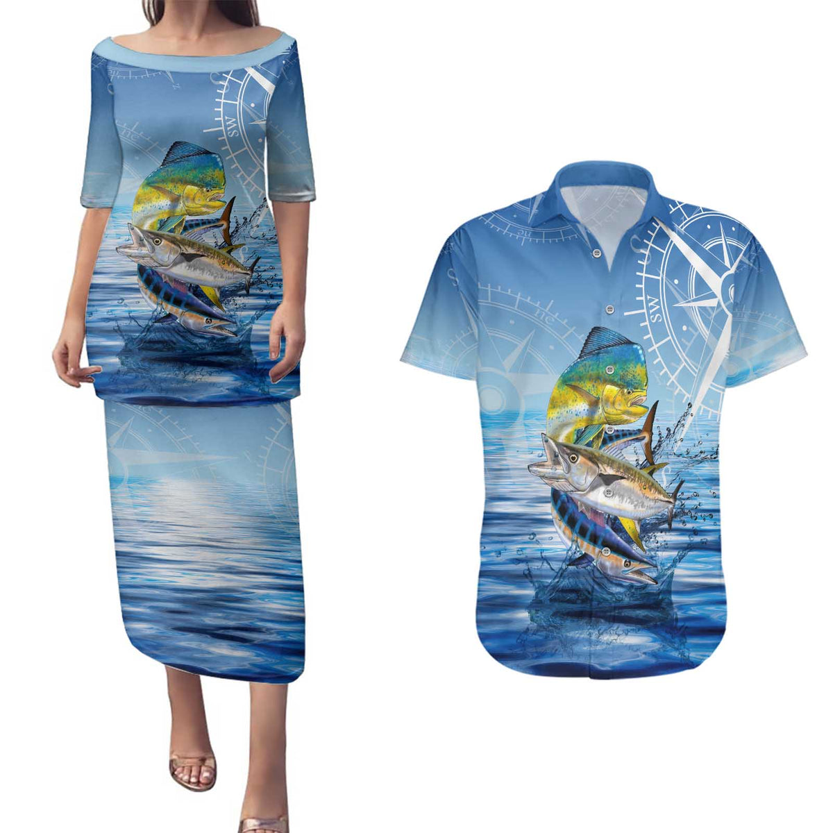 Mahi Mahi and Tuna Fish Couples Matching Puletasi and Hawaiian Shirt Fishing Ocean Water Background and Nautical Compass Elements - Wonder Print Shop