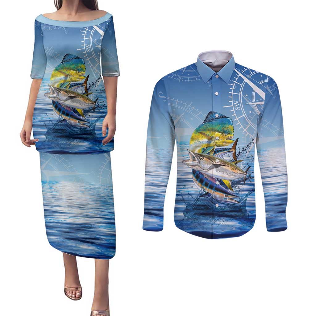 Mahi Mahi and Tuna Fish Couples Matching Puletasi and Long Sleeve Button Shirt Fishing Ocean Water Background and Nautical Compass Elements - Wonder Print Shop