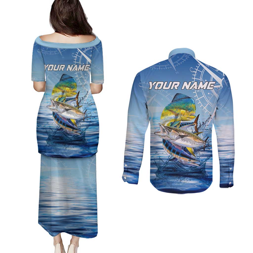 Mahi Mahi and Tuna Fish Couples Matching Puletasi and Long Sleeve Button Shirt Fishing Ocean Water Background and Nautical Compass Elements - Wonder Print Shop
