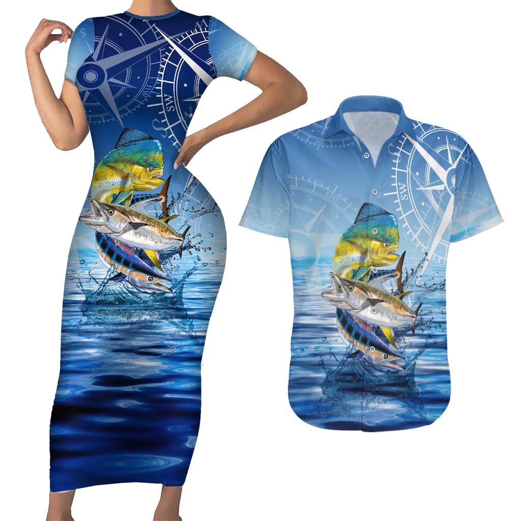 Mahi Mahi and Tuna Fish Couples Matching Short Sleeve Bodycon Dress and Hawaiian Shirt Fishing Ocean Water Background and Nautical Compass Elements - Wonder Print Shop