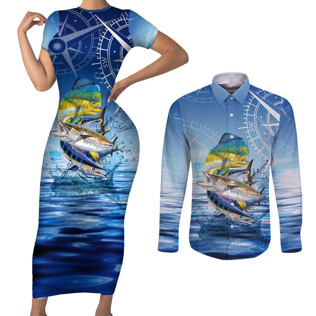 Mahi Mahi and Tuna Fish Couples Matching Short Sleeve Bodycon Dress and Long Sleeve Button Shirt Fishing Ocean Water Background and Nautical Compass Elements - Wonder Print Shop