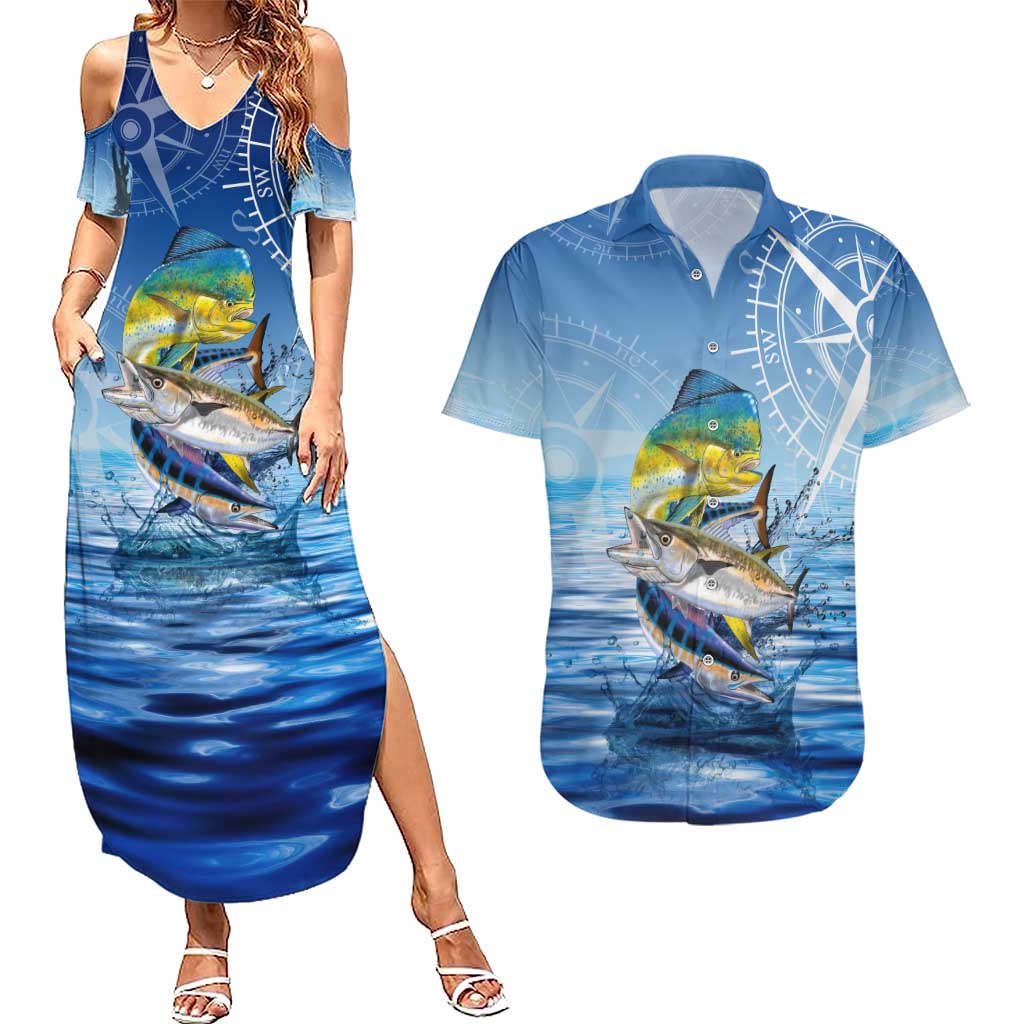 Mahi Mahi and Tuna Fish Couples Matching Summer Maxi Dress and Hawaiian Shirt Fishing Ocean Water Background and Nautical Compass Elements - Wonder Print Shop