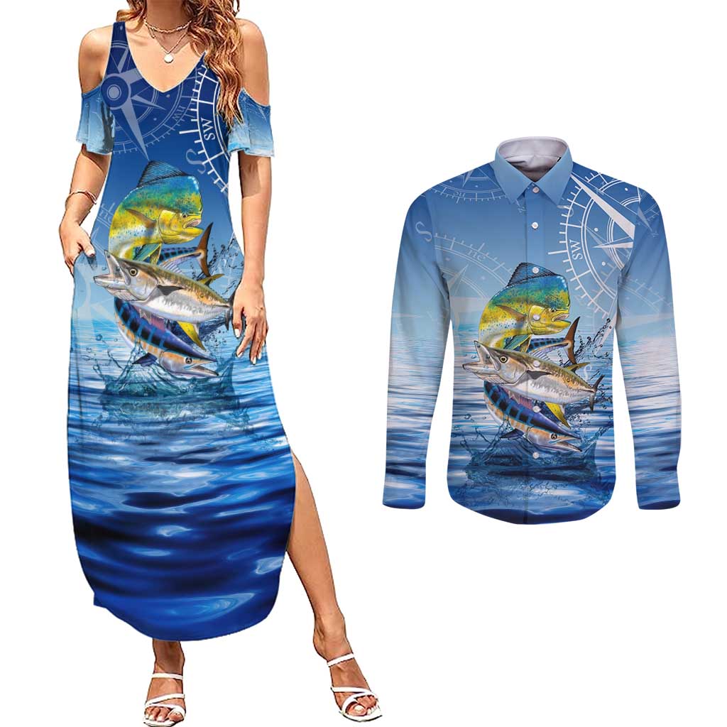 Mahi Mahi and Tuna Fish Couples Matching Summer Maxi Dress and Long Sleeve Button Shirt Fishing Ocean Water Background and Nautical Compass Elements - Wonder Print Shop