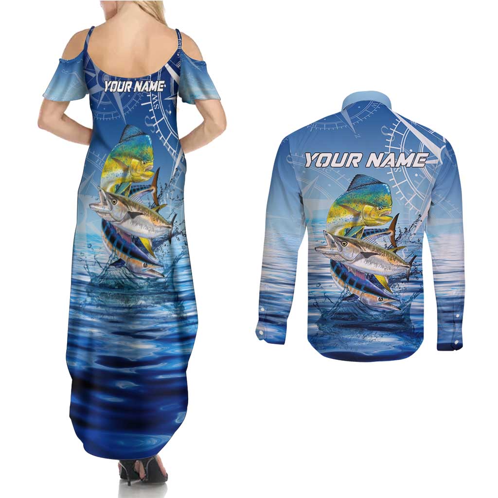 Mahi Mahi and Tuna Fish Couples Matching Summer Maxi Dress and Long Sleeve Button Shirt Fishing Ocean Water Background and Nautical Compass Elements - Wonder Print Shop