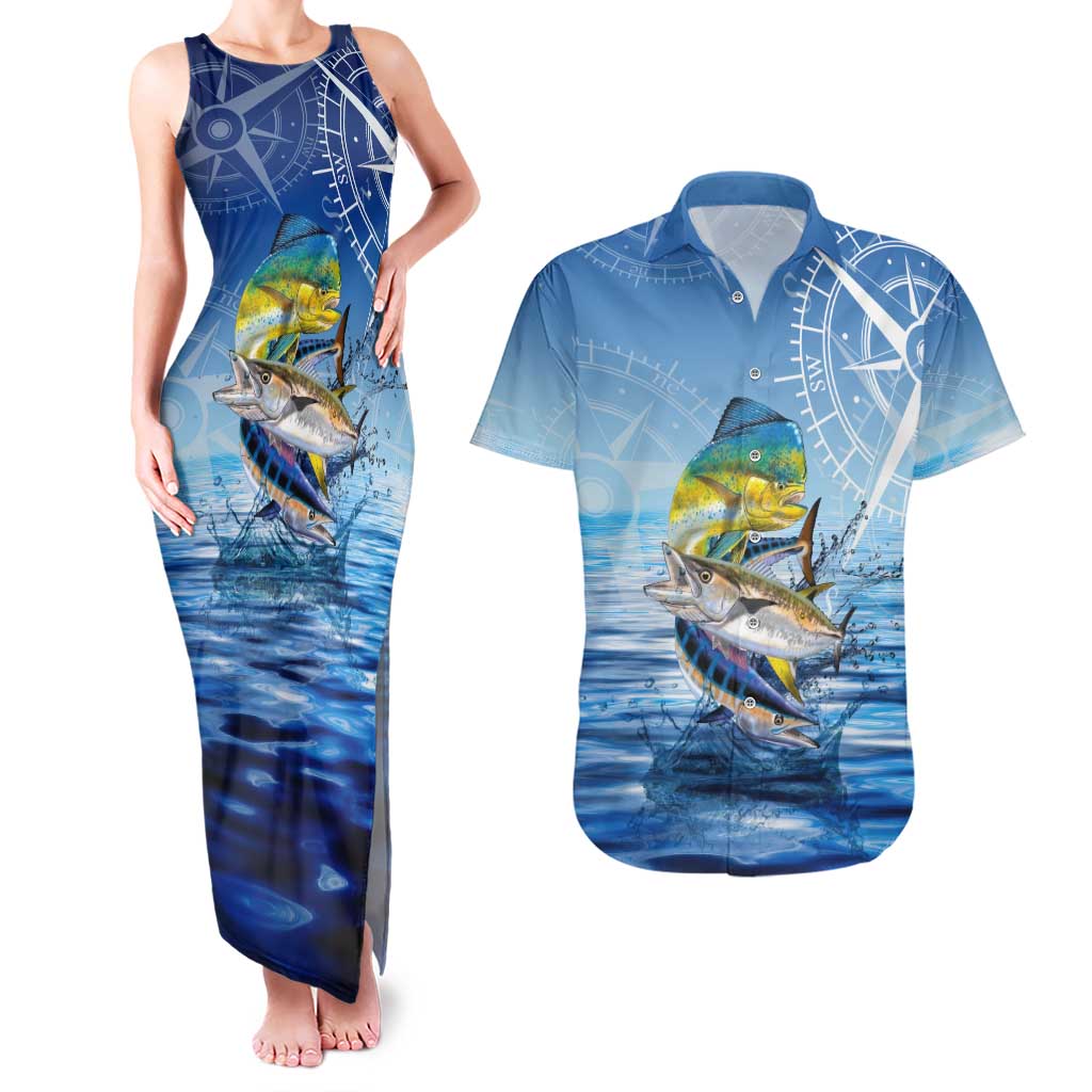 Mahi Mahi and Tuna Fish Couples Matching Tank Maxi Dress and Hawaiian Shirt Fishing Ocean Water Background and Nautical Compass Elements - Wonder Print Shop