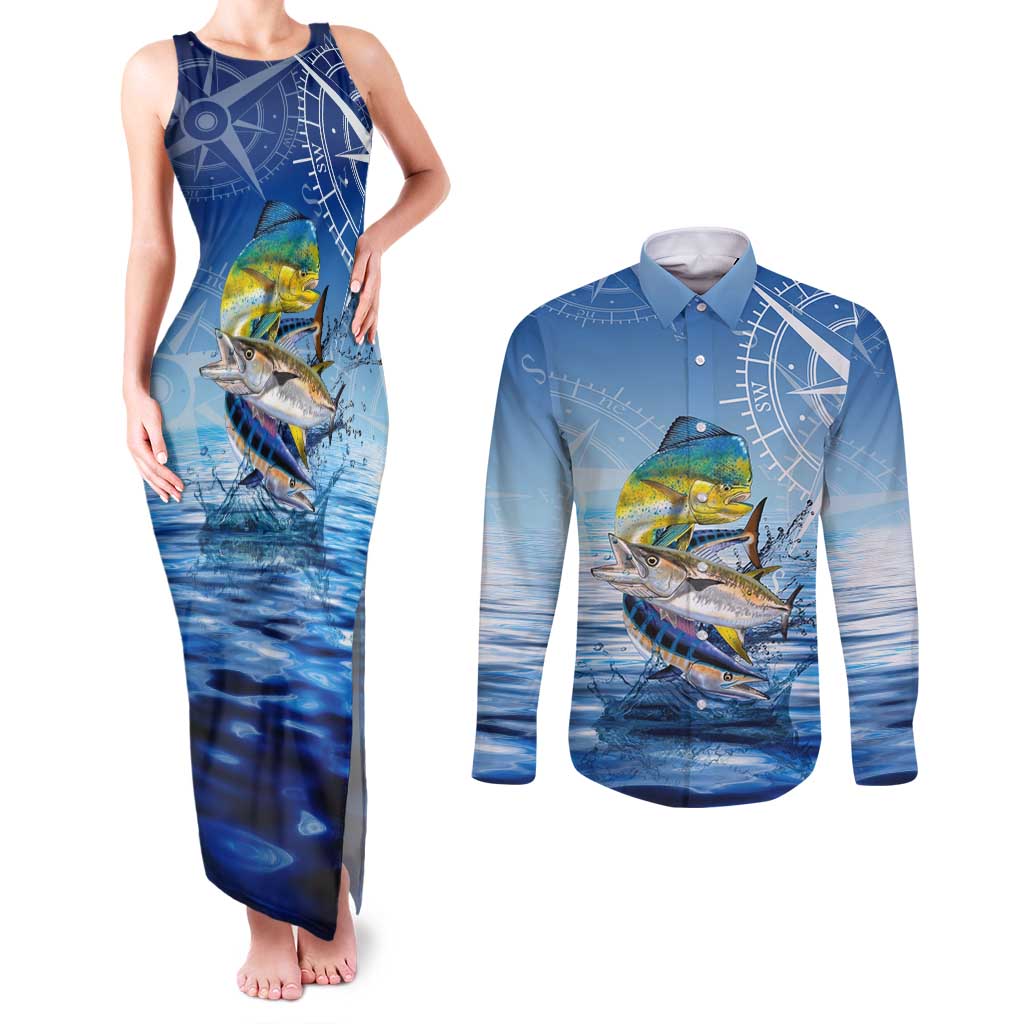 Mahi Mahi and Tuna Fish Couples Matching Tank Maxi Dress and Long Sleeve Button Shirt Fishing Ocean Water Background and Nautical Compass Elements - Wonder Print Shop