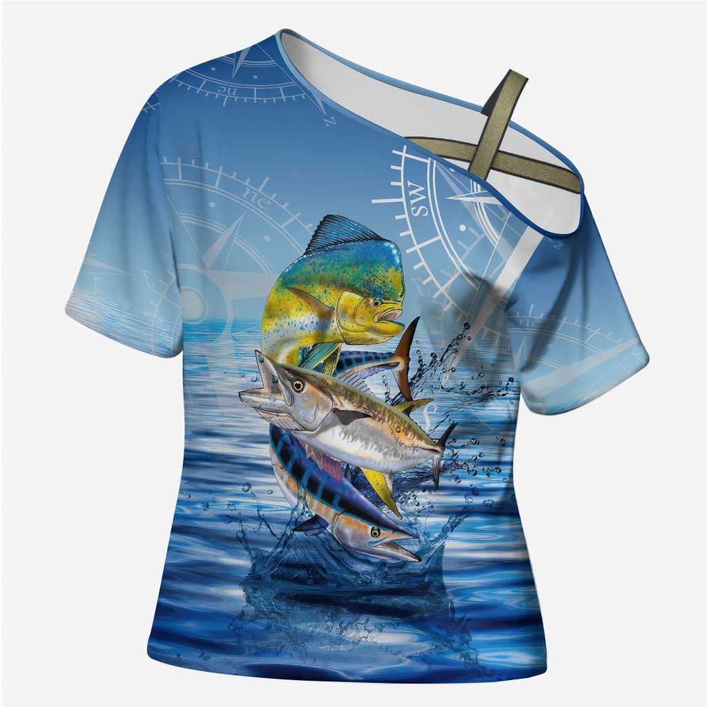 Mahi Mahi and Tuna Fish Cross Shoulder Shirt Fishing Ocean Water Background and Nautical Compass Elements - Wonder Print Shop