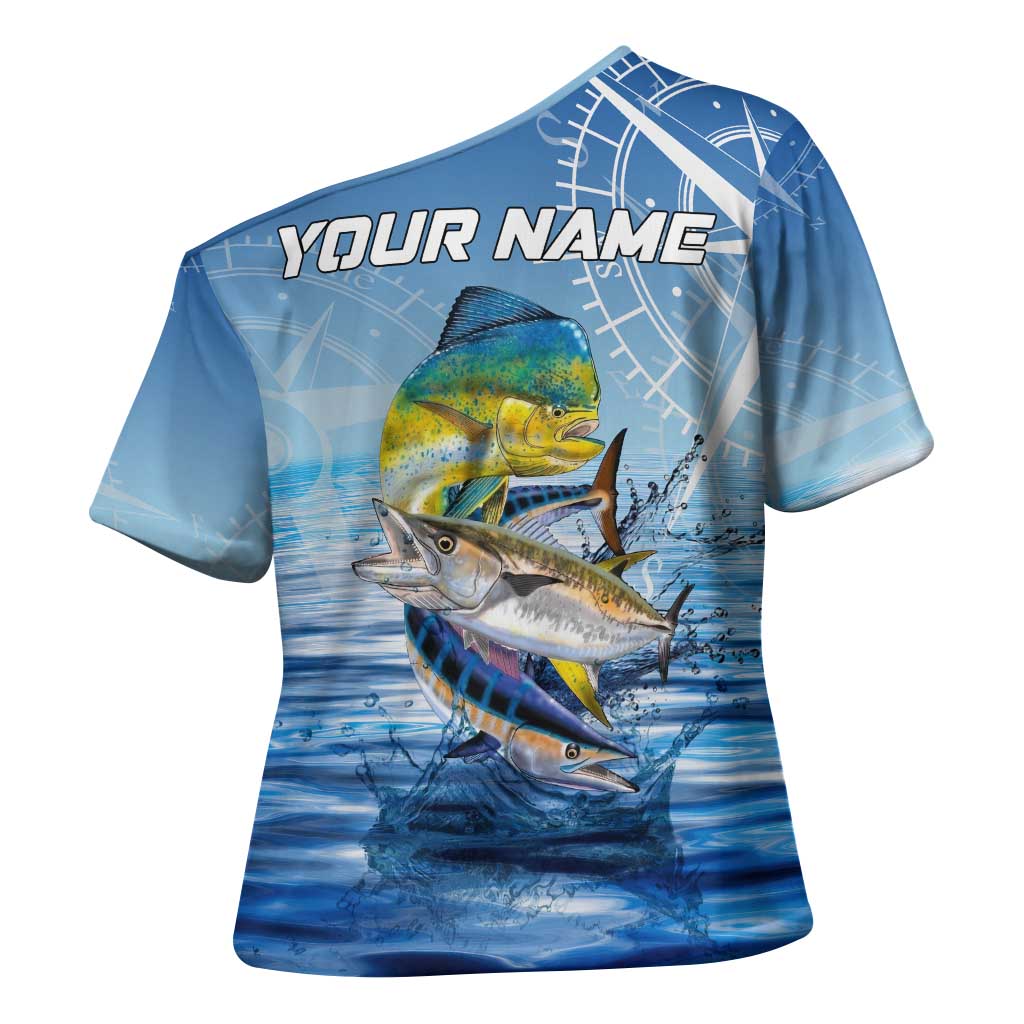 Mahi Mahi and Tuna Fish Cross Shoulder Shirt Fishing Ocean Water Background and Nautical Compass Elements - Wonder Print Shop