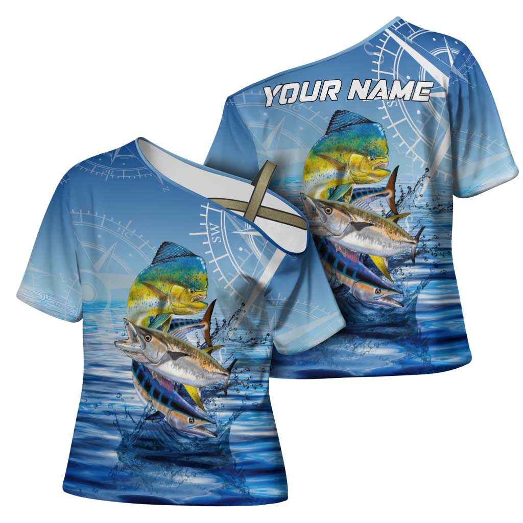 Mahi Mahi and Tuna Fish Cross Shoulder Shirt Fishing Ocean Water Background and Nautical Compass Elements - Wonder Print Shop