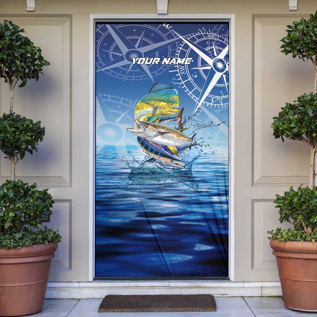 Mahi Mahi and Tuna Fish Door Cover Fishing Ocean Water Background and Nautical Compass Elements - Wonder Print Shop