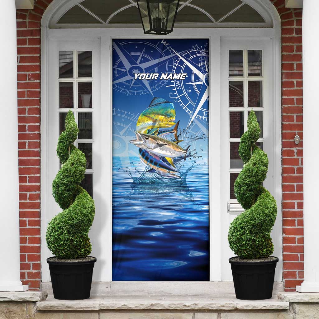 Mahi Mahi and Tuna Fish Door Cover Fishing Ocean Water Background and Nautical Compass Elements - Wonder Print Shop