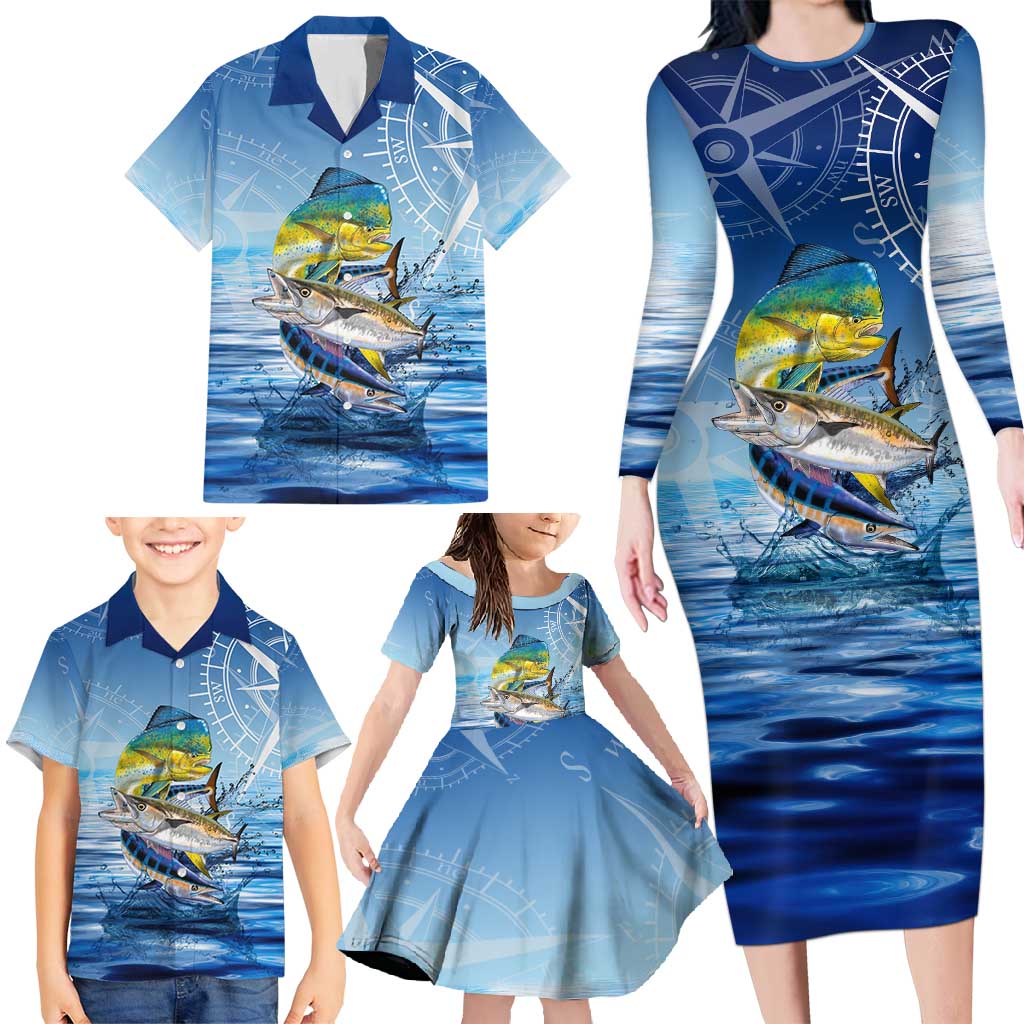 Mahi Mahi and Tuna Fish Family Matching Long Sleeve Bodycon Dress and Hawaiian Shirt Fishing Ocean Water Background and Nautical Compass Elements - Wonder Print Shop