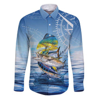 Mahi Mahi and Tuna Fish Family Matching Long Sleeve Bodycon Dress and Hawaiian Shirt Fishing Ocean Water Background and Nautical Compass Elements - Wonder Print Shop