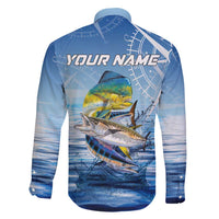 Mahi Mahi and Tuna Fish Family Matching Long Sleeve Bodycon Dress and Hawaiian Shirt Fishing Ocean Water Background and Nautical Compass Elements - Wonder Print Shop
