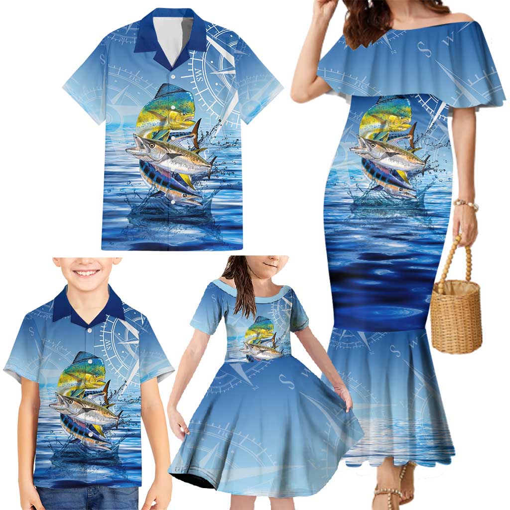 Mahi Mahi and Tuna Fish Family Matching Mermaid Dress and Hawaiian Shirt Fishing Ocean Water Background and Nautical Compass Elements - Wonder Print Shop