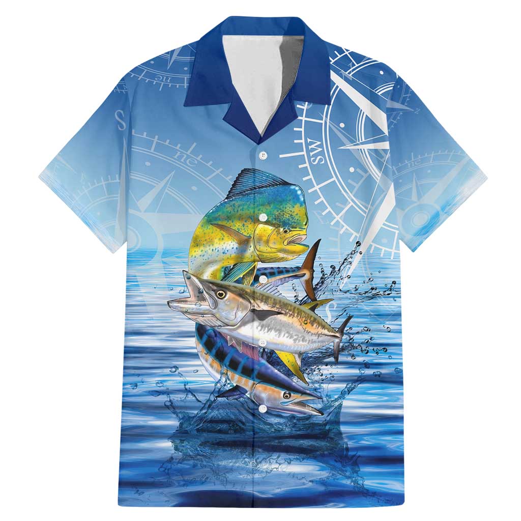 Mahi Mahi and Tuna Fish Family Matching Mermaid Dress and Hawaiian Shirt Fishing Ocean Water Background and Nautical Compass Elements - Wonder Print Shop