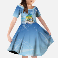 Mahi Mahi and Tuna Fish Family Matching Off The Shoulder Long Sleeve Dress and Hawaiian Shirt Fishing Ocean Water Background and Nautical Compass Elements - Wonder Print Shop
