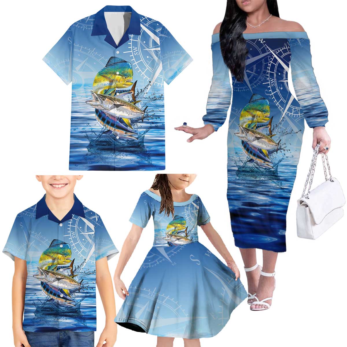 Mahi Mahi and Tuna Fish Family Matching Off The Shoulder Long Sleeve Dress and Hawaiian Shirt Fishing Ocean Water Background and Nautical Compass Elements - Wonder Print Shop
