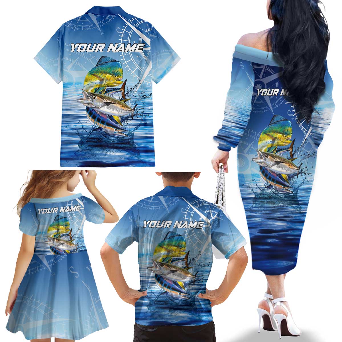 Mahi Mahi and Tuna Fish Family Matching Off The Shoulder Long Sleeve Dress and Hawaiian Shirt Fishing Ocean Water Background and Nautical Compass Elements - Wonder Print Shop