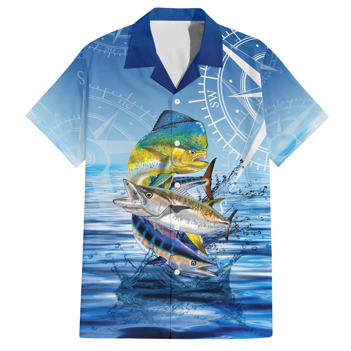 Mahi Mahi and Tuna Fish Family Matching Off The Shoulder Long Sleeve Dress and Hawaiian Shirt Fishing Ocean Water Background and Nautical Compass Elements - Wonder Print Shop