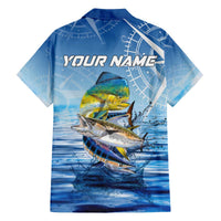 Mahi Mahi and Tuna Fish Family Matching Off The Shoulder Long Sleeve Dress and Hawaiian Shirt Fishing Ocean Water Background and Nautical Compass Elements - Wonder Print Shop