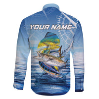 Mahi Mahi and Tuna Fish Family Matching Off The Shoulder Long Sleeve Dress and Hawaiian Shirt Fishing Ocean Water Background and Nautical Compass Elements - Wonder Print Shop