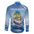 Mahi Mahi and Tuna Fish Family Matching Off The Shoulder Long Sleeve Dress and Hawaiian Shirt Fishing Ocean Water Background and Nautical Compass Elements - Wonder Print Shop