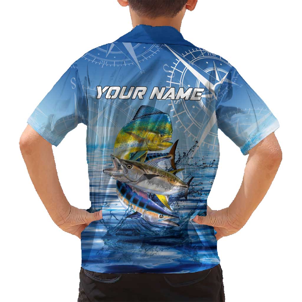 Mahi Mahi and Tuna Fish Family Matching Off Shoulder Maxi Dress and Hawaiian Shirt Fishing Ocean Water Background and Nautical Compass Elements - Wonder Print Shop